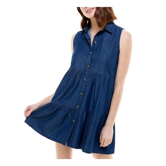 PLANET GOLD Dresses & Skirts - PLANET GOLD Womens Navy Denim Sleeveless Point Collar Short Shift Dress XXS
